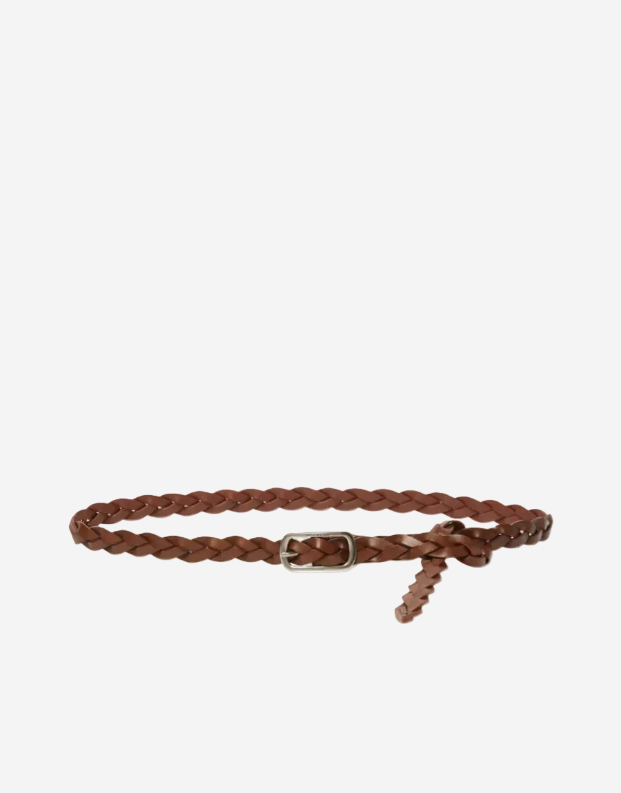 Brown braided leather belt on a white background
