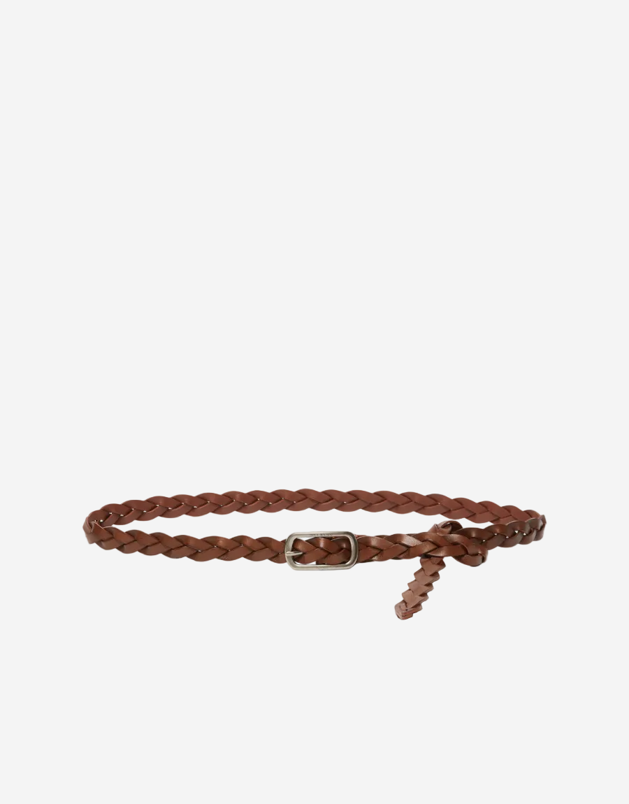 Brown braided leather belt with a buckle on a white background