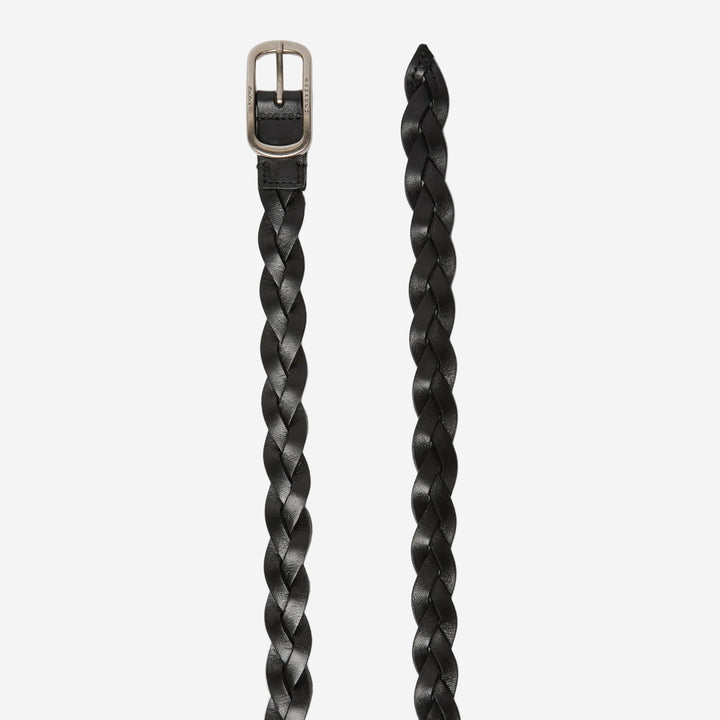 Two braided black leather belts with buckles on a light gray background