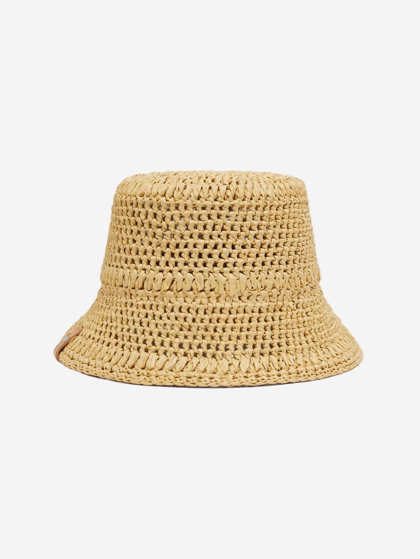 Beige woven bucket hat on a light gray background
