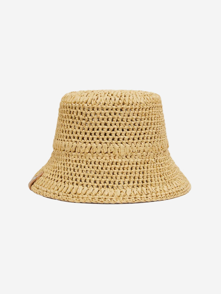 Beige woven bucket hat on a light gray background