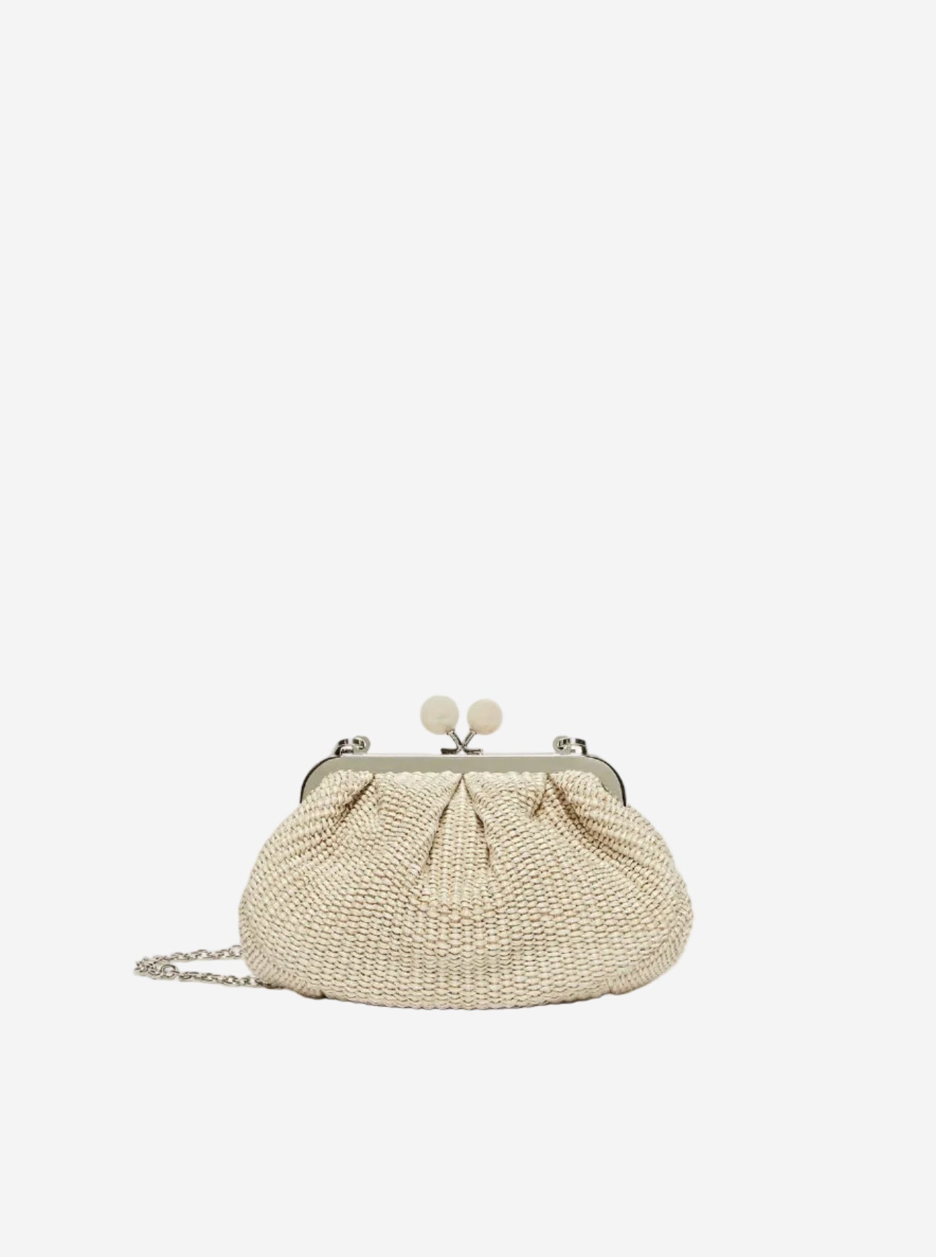 Woven handbag with a chain strap on a white background