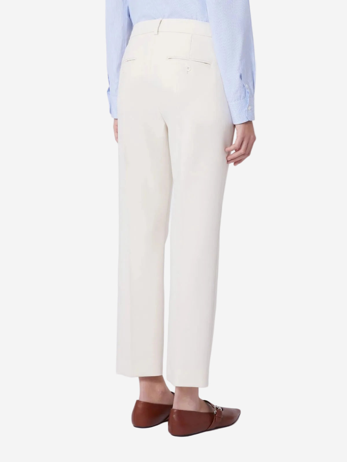 Person wearing white pants and brown shoes on a white background
