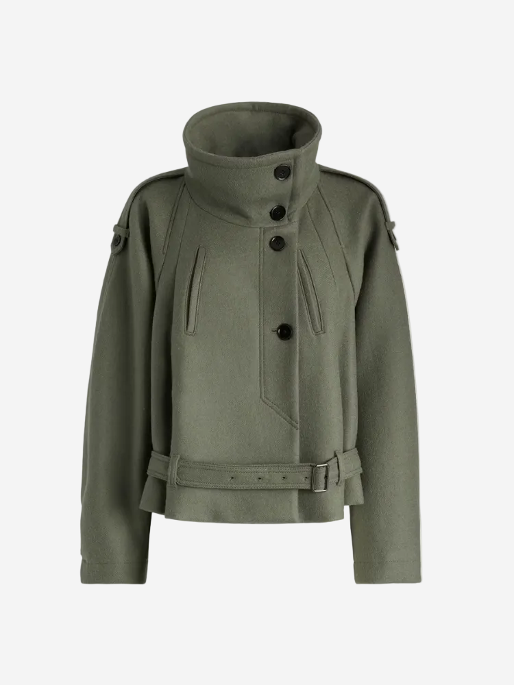 Green jacket with button details on a white background