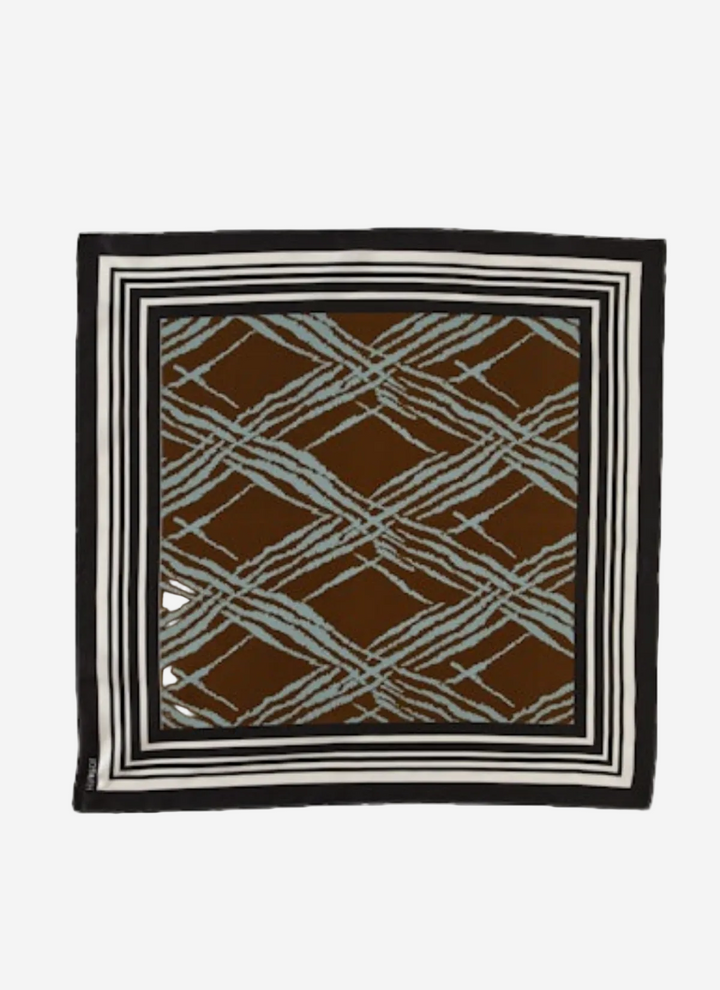 Square scarf with brown and white pattern on a white background