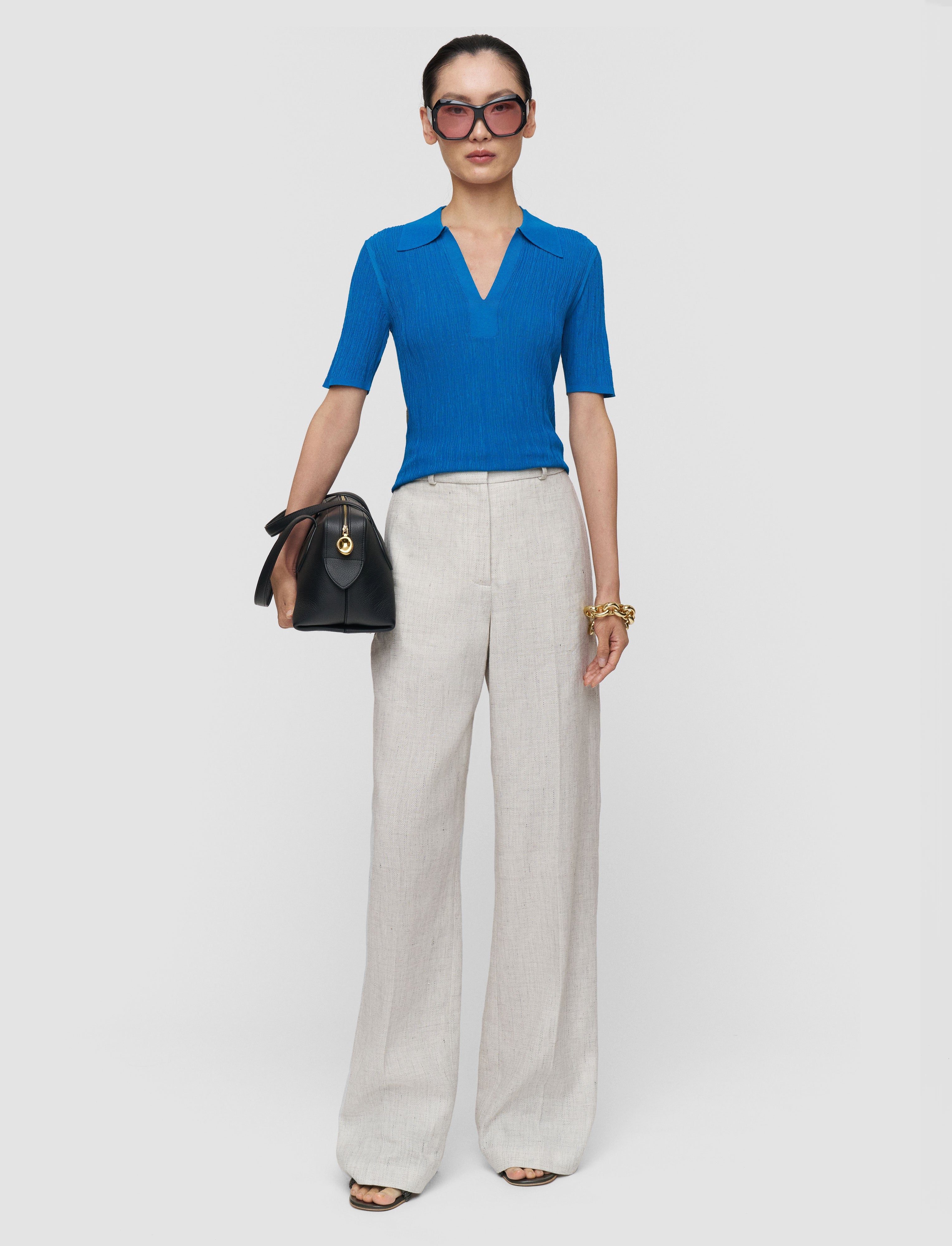Aliane Crinkle Viscose Polo Top Siam Blue