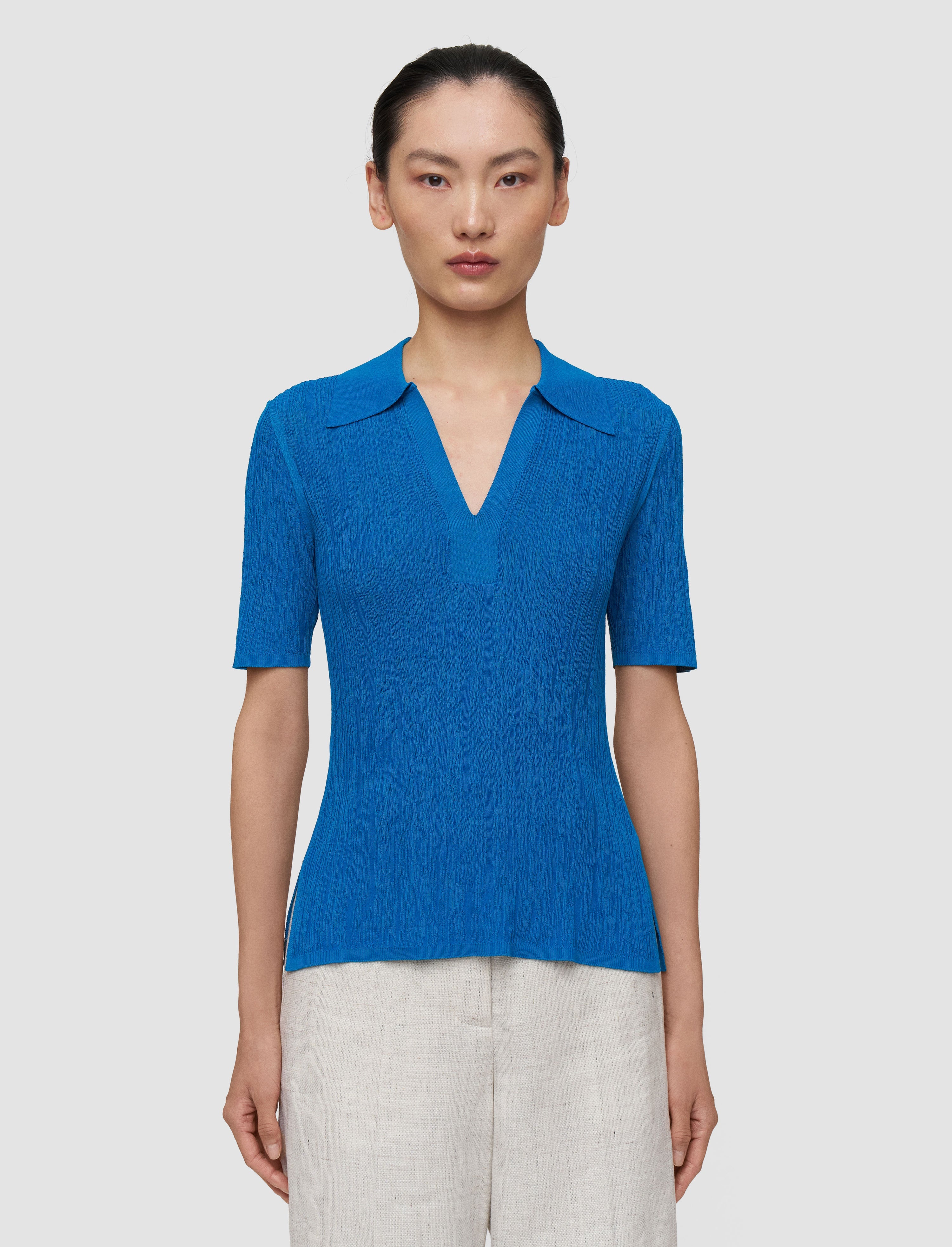 Aliane Crinkle Viscose Polo Top Siam Blue