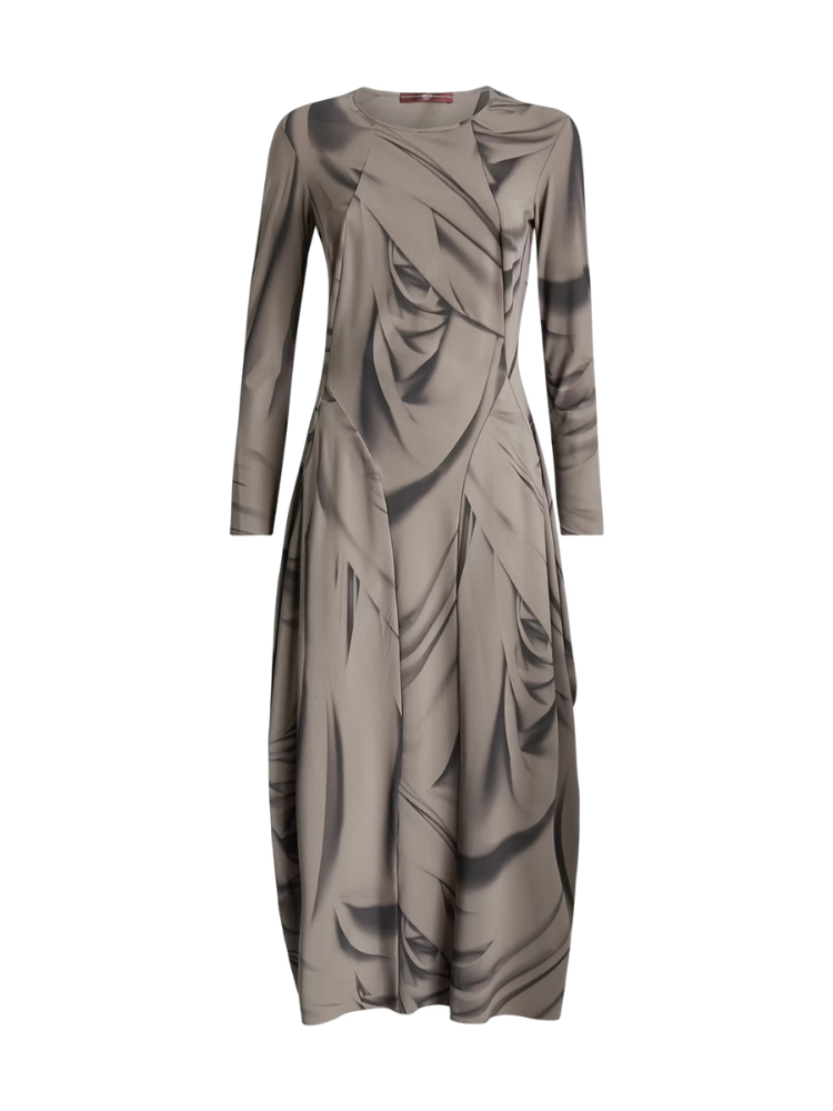Long-sleeve dress with abstract pattern on a white background