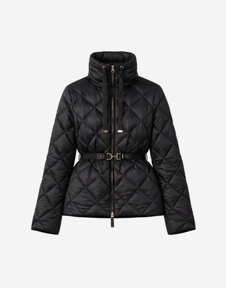 Black quilted jacket with a belt on a white background
