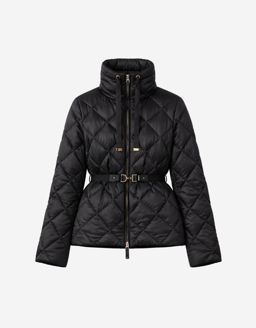 Black quilted jacket with a belt on a white background