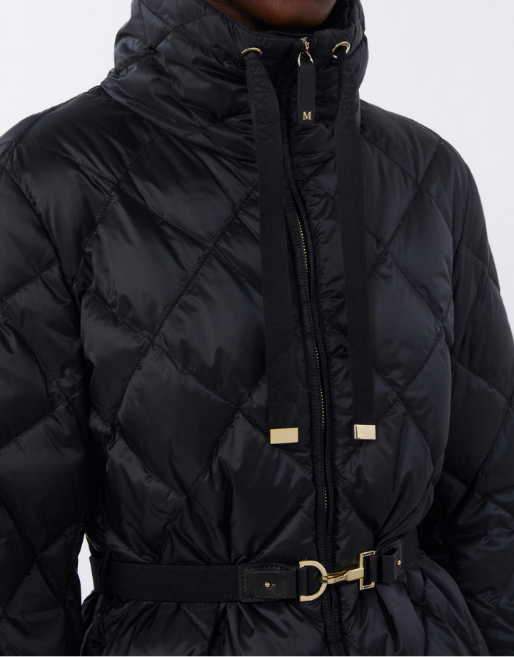 Black quilted jacket with a gold buckle on a white background