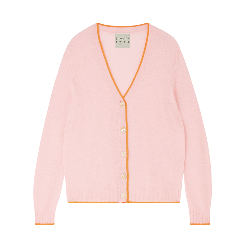 Contrast Tip Cashmere Cardigan in Pale Pink and Neon Orange