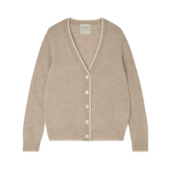 Contrast Tip Cashmere Cardigan in Light Brown & Oatmeal