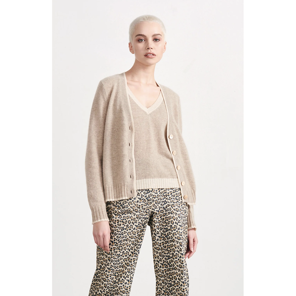 Contrast Tip Cashmere Cardigan in Light Brown & Oatmeal