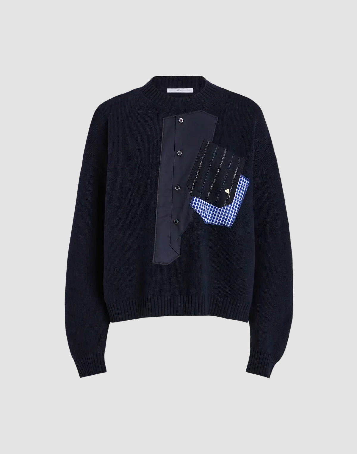HIGH Casually navy wool-blend crew-neck sweater with suiting patchwork, product shot