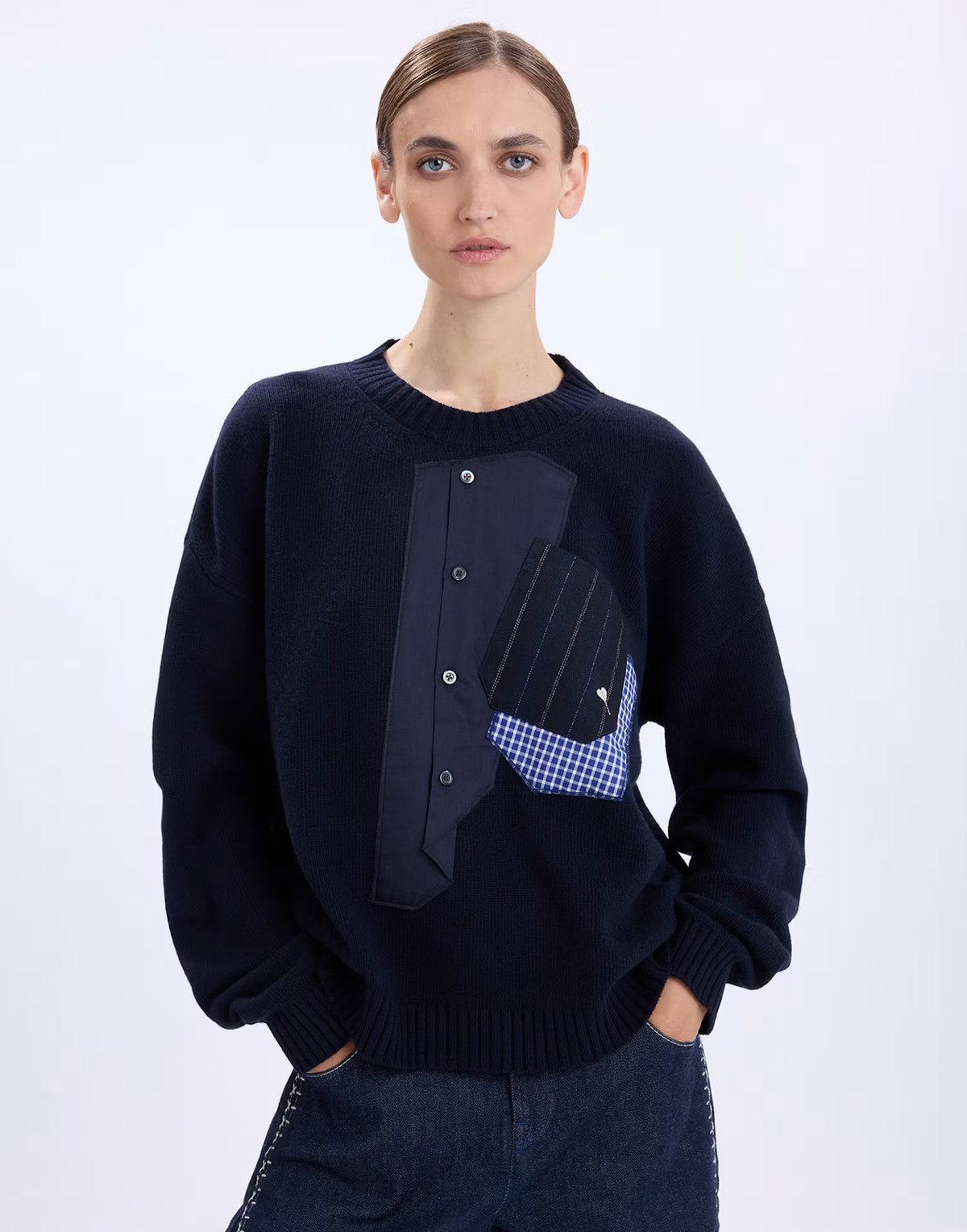 HIGH Casually navy wool crew-neck sweater with pinstripe and gingham patchwork, worn at Christensen Copenhagen Sydney