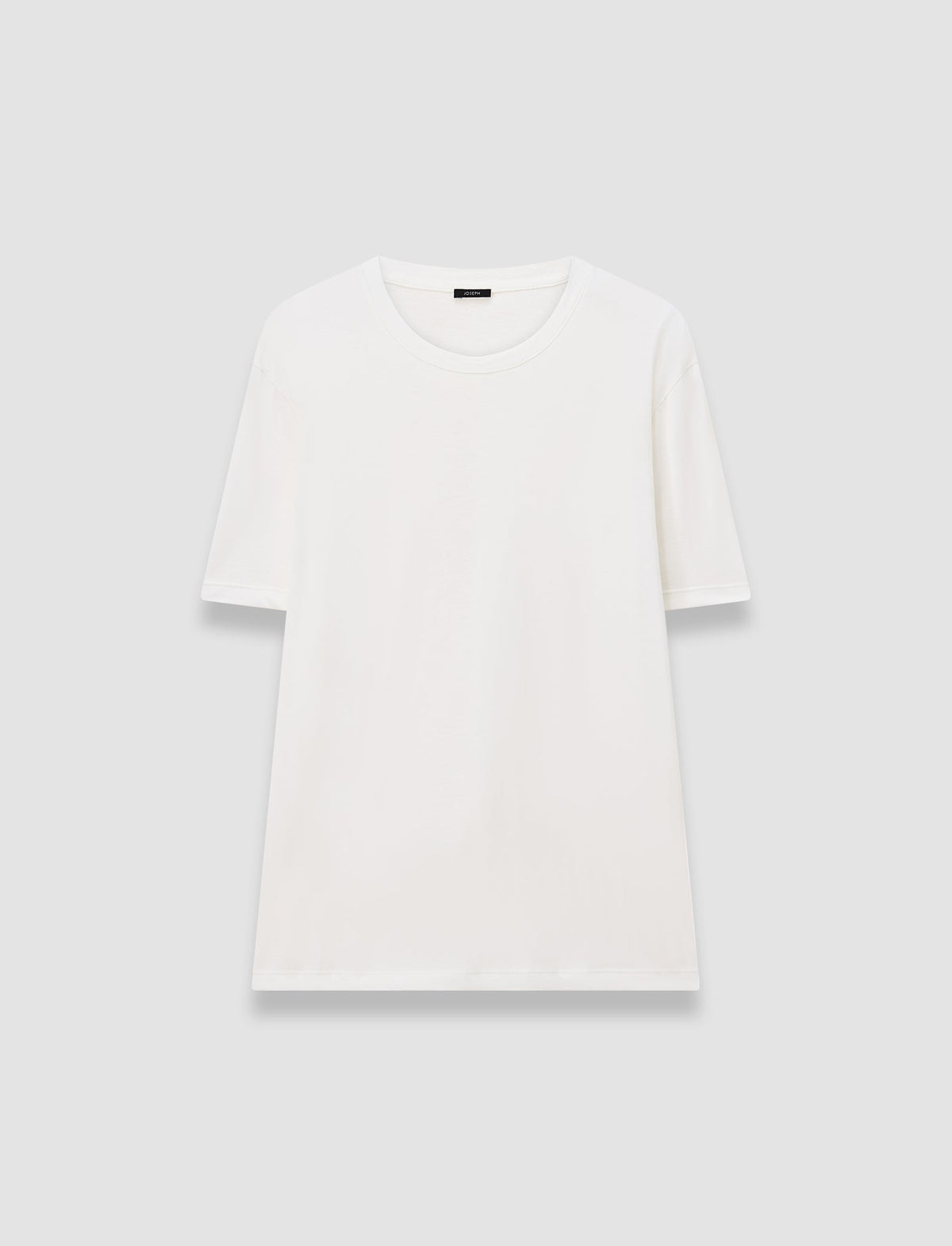 A plain white short-sleeve crewneck t-shirt displayed flat against a light gray background.