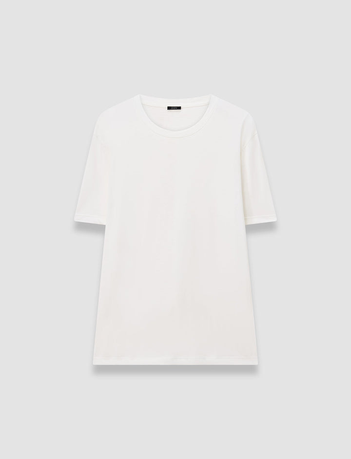 A plain white short-sleeve crewneck t-shirt displayed flat against a light gray background.