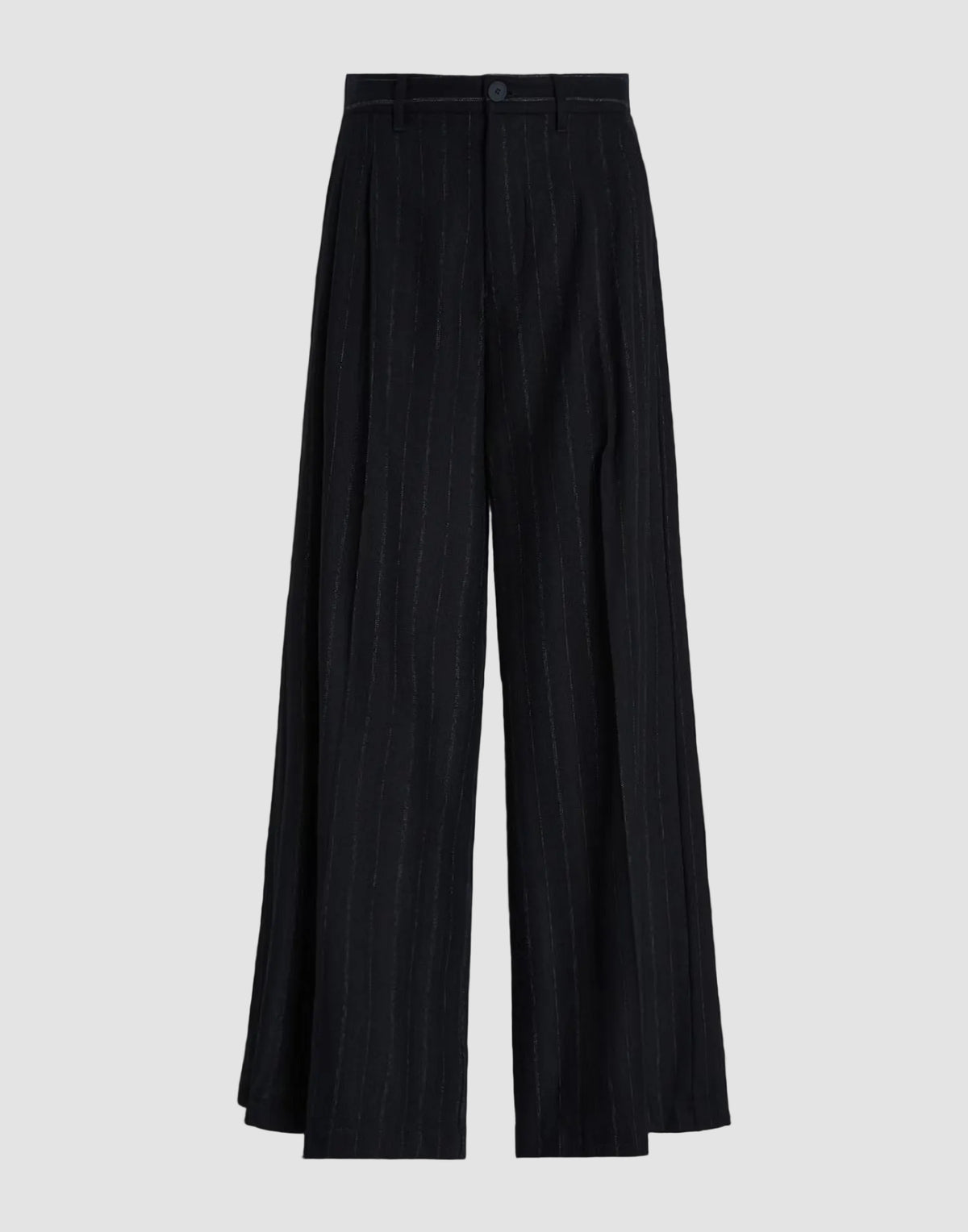 Black wide-leg trousers with thin vertical white pinstripes, shown flat against a light gray background.