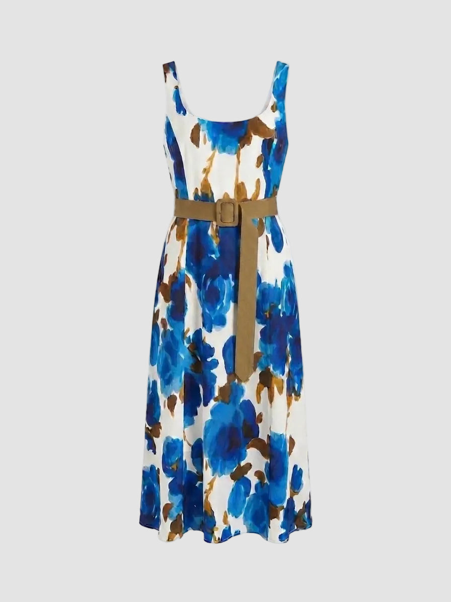 Floral dress with a belt on a light gray background
