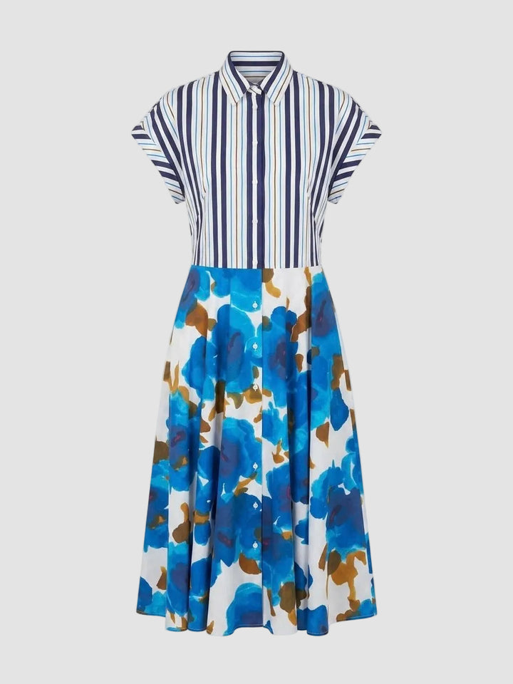 Dress with striped short-sleeve top and floral skirt on a white background