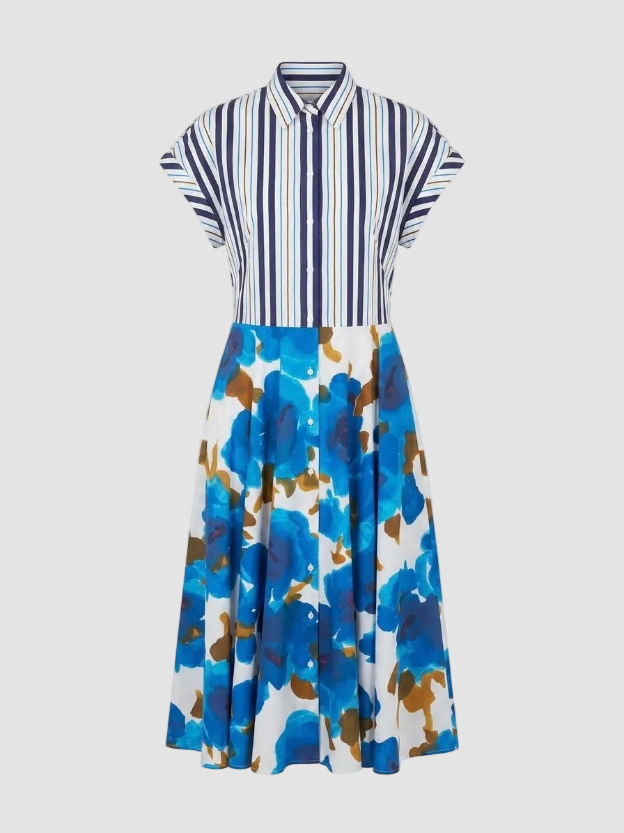 Dress with striped short-sleeve top and floral skirt on a white background