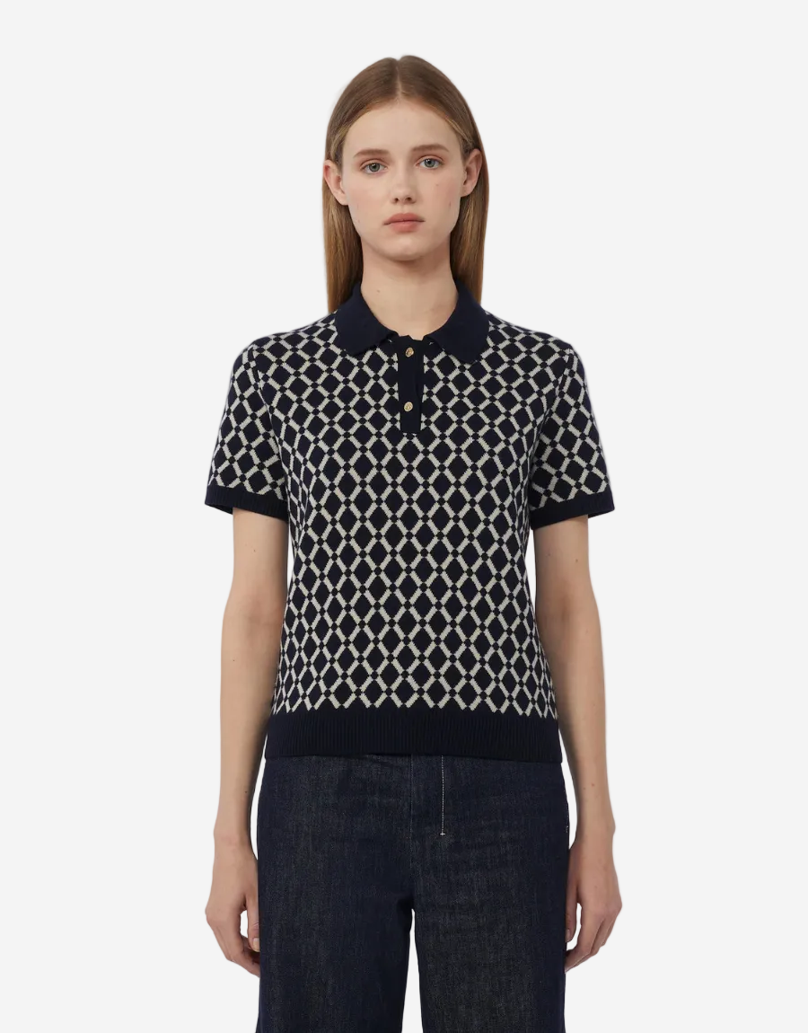 woman wears geometric polo shirt
