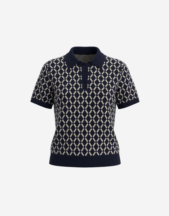Navy and white patterned polo shirt on a white background