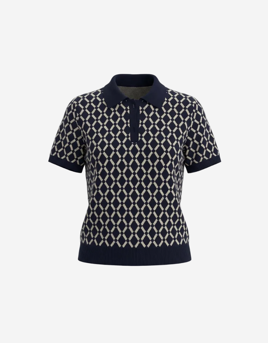 Navy and white patterned polo shirt on a white background