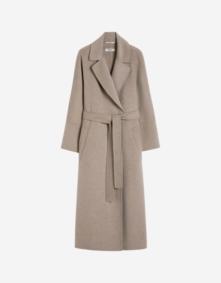 Beige overcoat with a belt on a white background