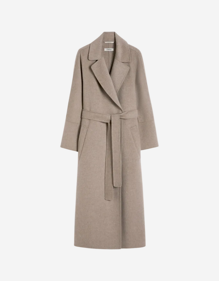 Beige overcoat with a belt on a white background