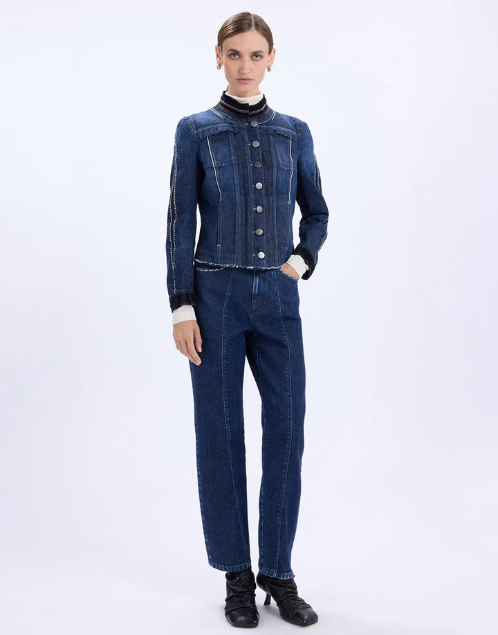 Model wearing the HIGH Fairness straight-leg jeans with the matching HIGH Tactical denim jacket, full-length front view