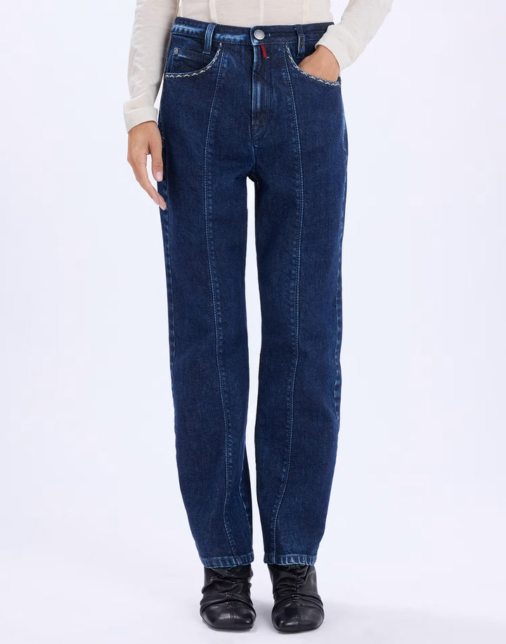 HIGH Fairness straight-leg jeans in blue Italian denim with centre seams, front view, at Christensen Copenhagen Sydney