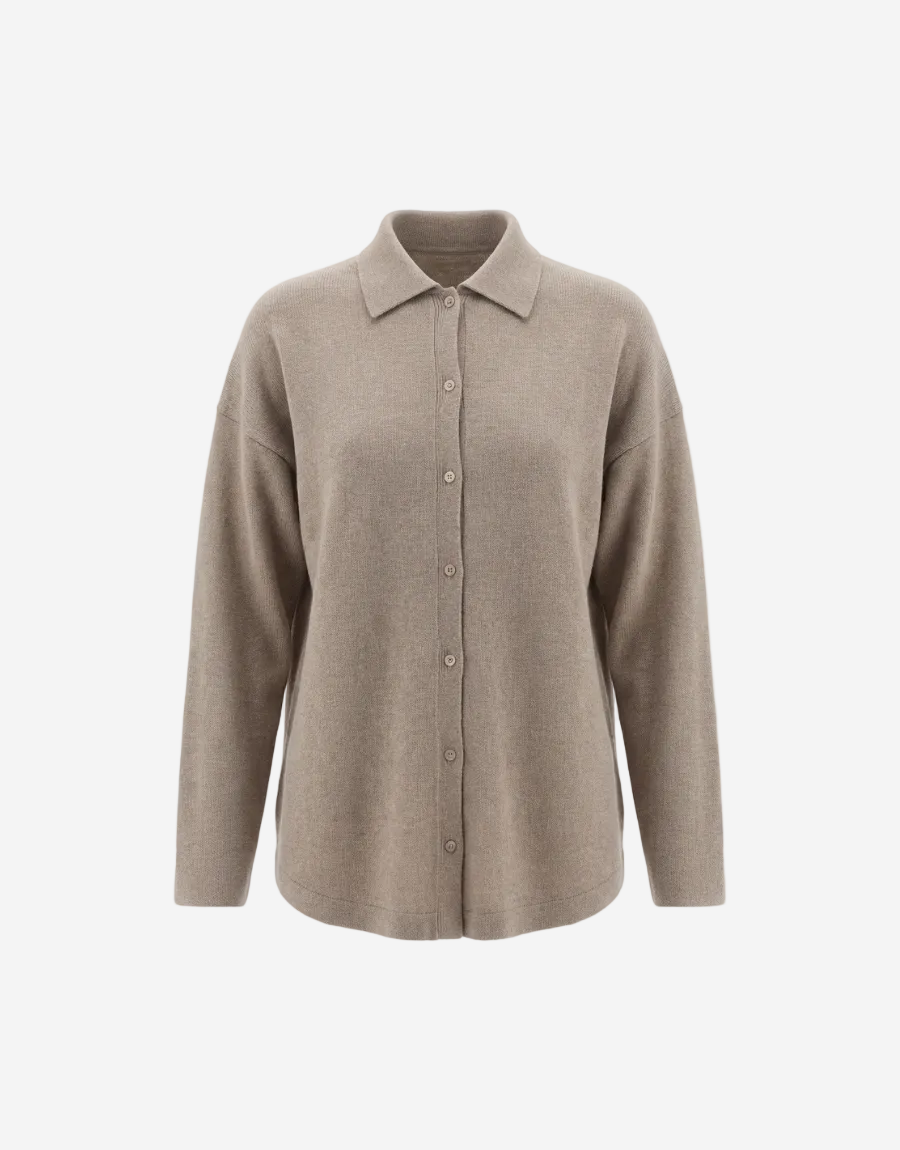 Beige button-up shirt on a white background