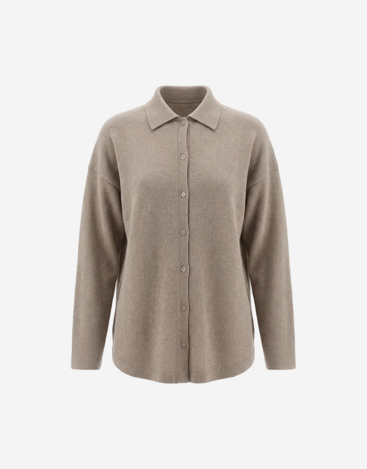 Beige button-up shirt on a white background