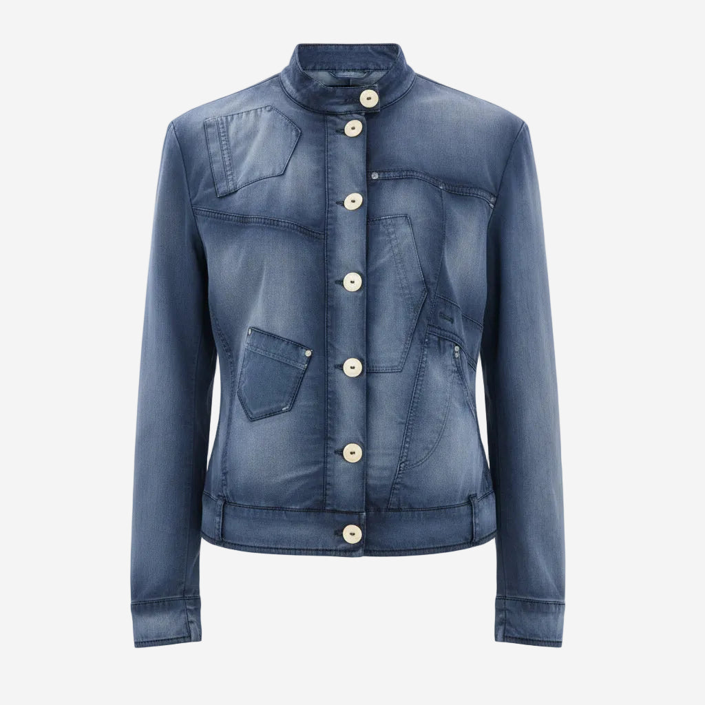 Blue denim jacket with button details on a white background