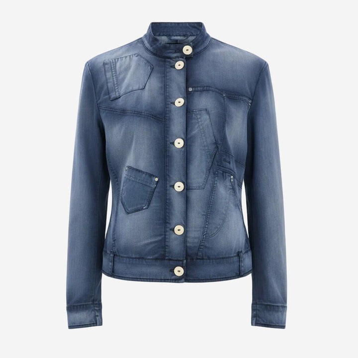 Blue denim jacket with button details on a white background