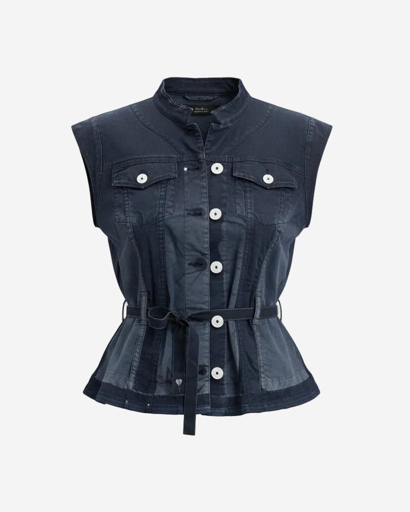Dark denim vest with button details on a white background