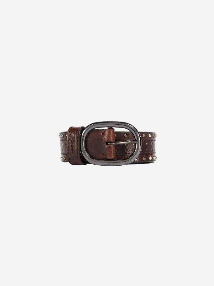 Brown leather belt with a silver buckle on a white background