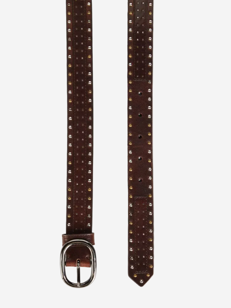 Brown belt with silver studs and buckle on a white background