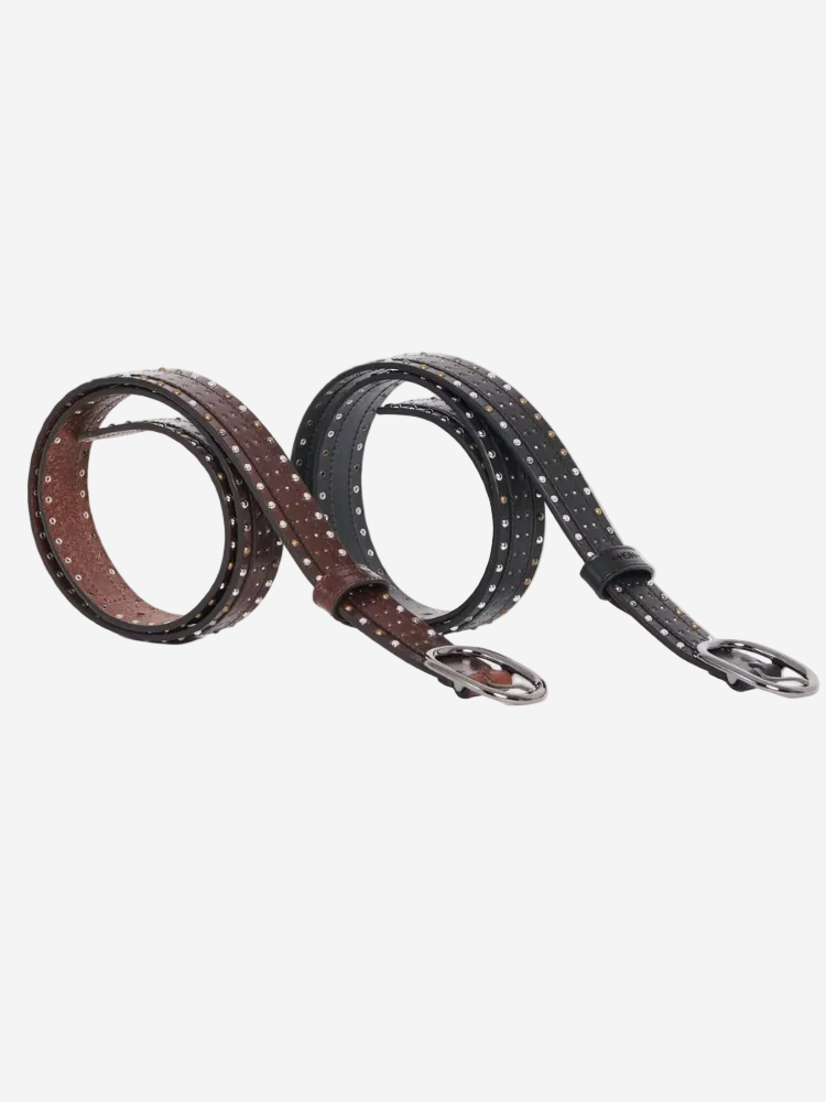 Two leather dog collars, one brown and one black, on a light gray background.