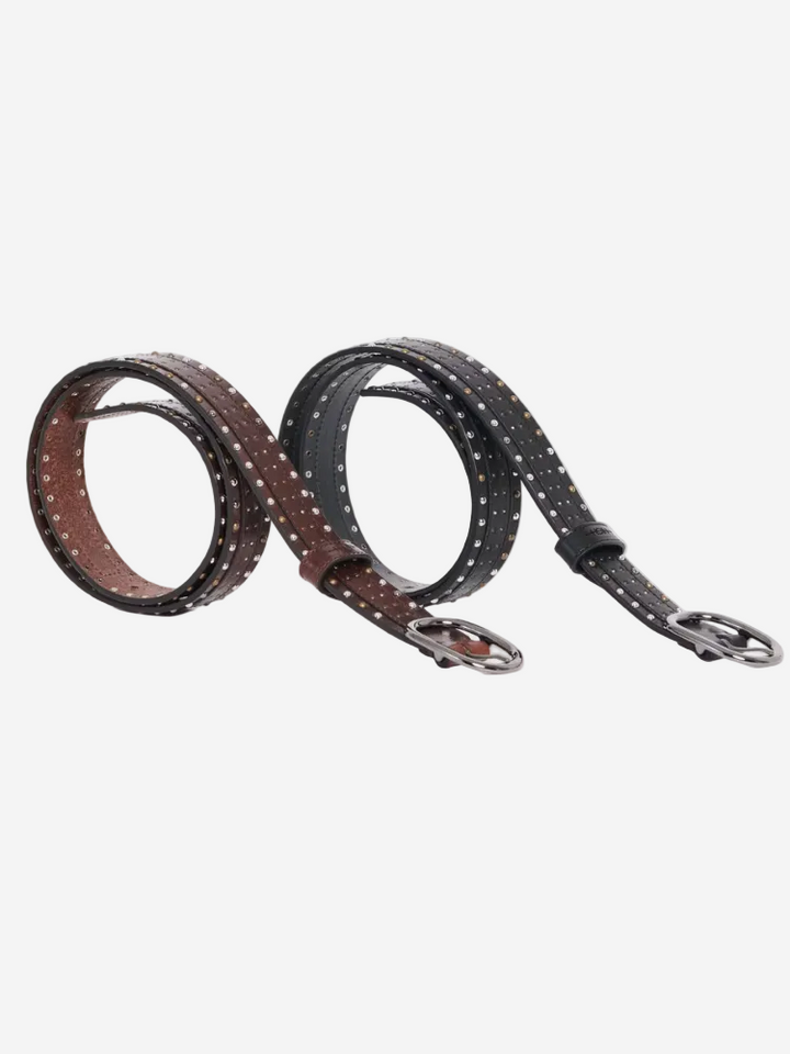 Two leather dog collars, one brown and one black, on a light gray background.