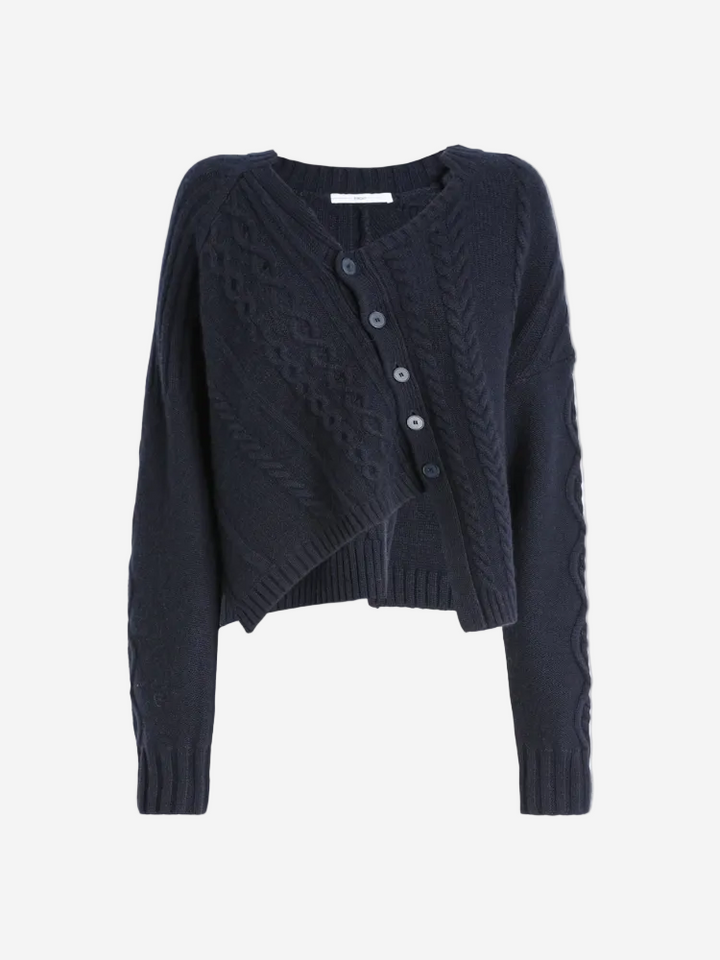 Navy blue knitted cardigan on a white background