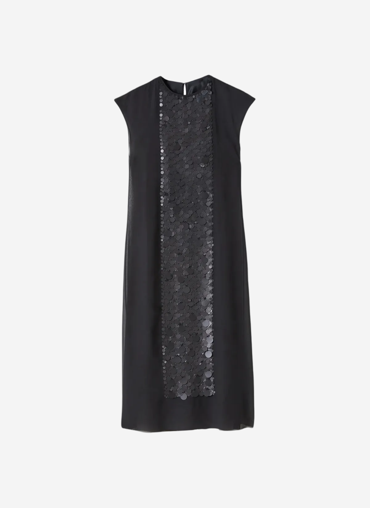 Black dress with sequin panel on a white background