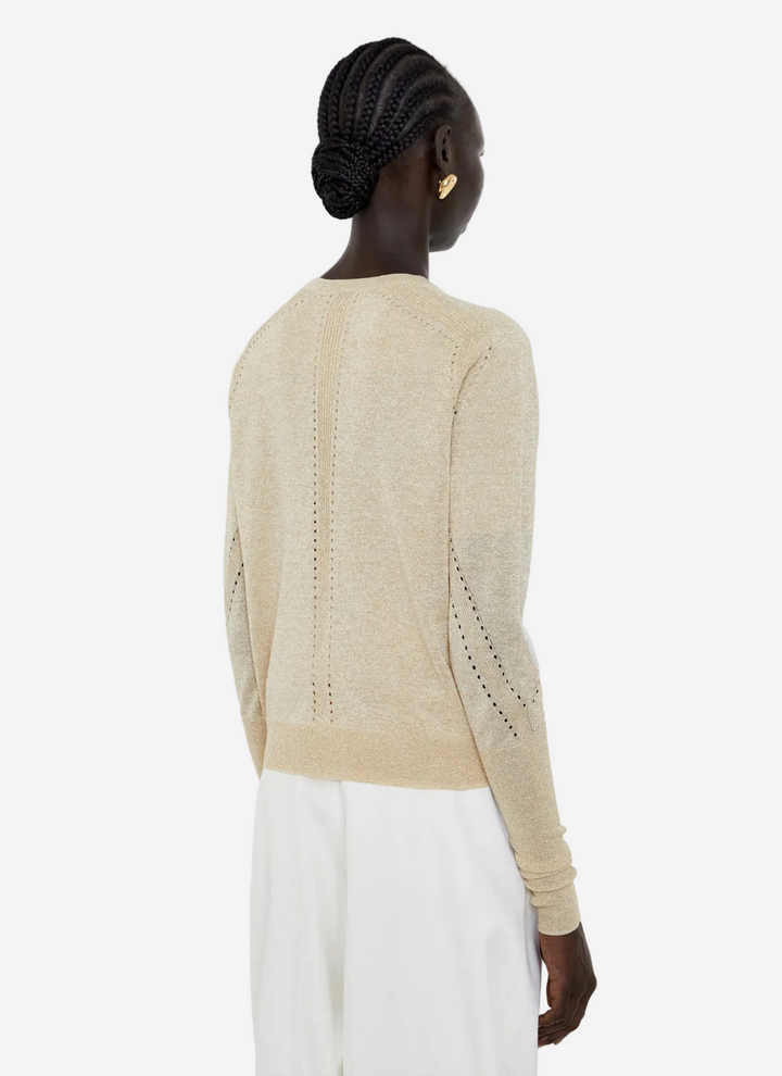 Woman wearing a beige sweater with intricate detailing on a white background