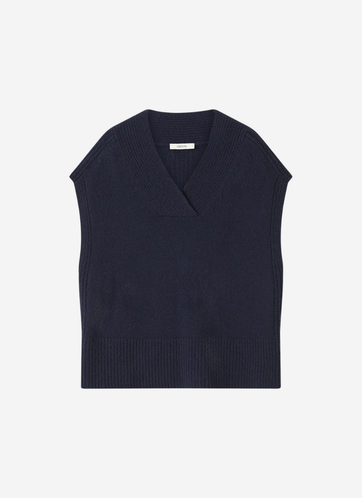 Black sleeveless sweater vest on a white background