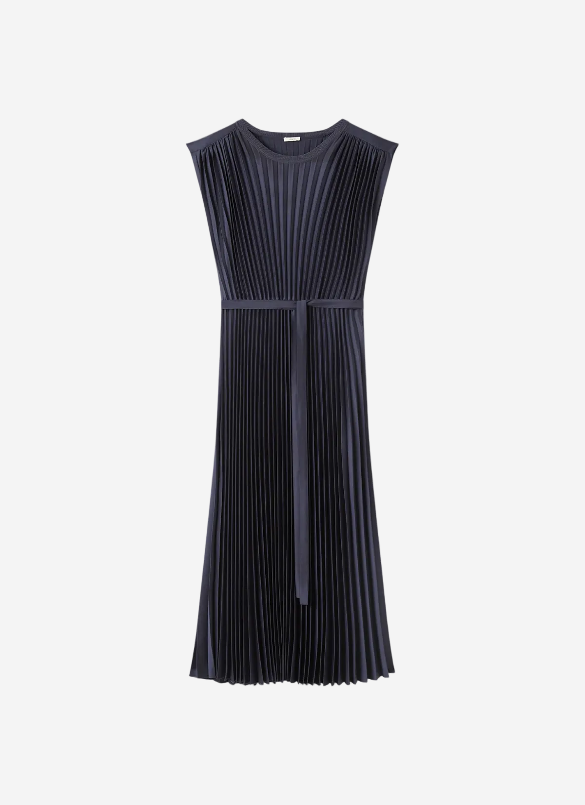 Navy pleated dress on a white background