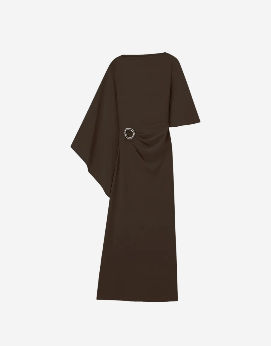 Brown dress with a circular detail on a white background