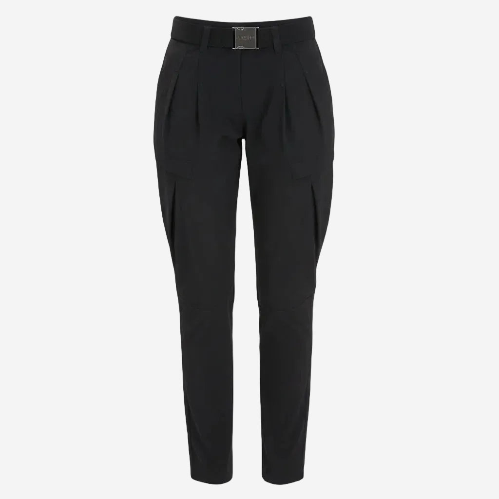 Black pleated pants with a belt on a white background