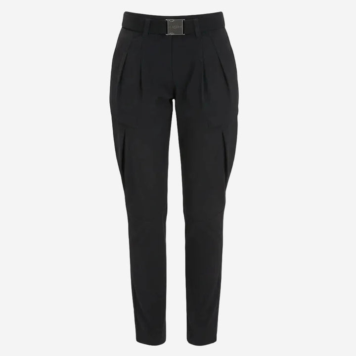 Black pleated pants with a belt on a white background